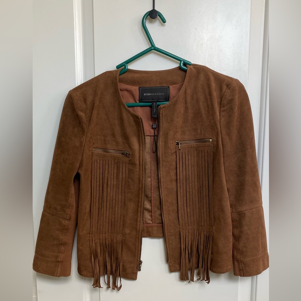 BCBGMaxAzria Brown Reid’s Vegan Suede Fringe Jacket